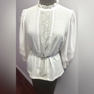 Vintage Reitmans White Lace Eyelet Ruffle Top Blouse